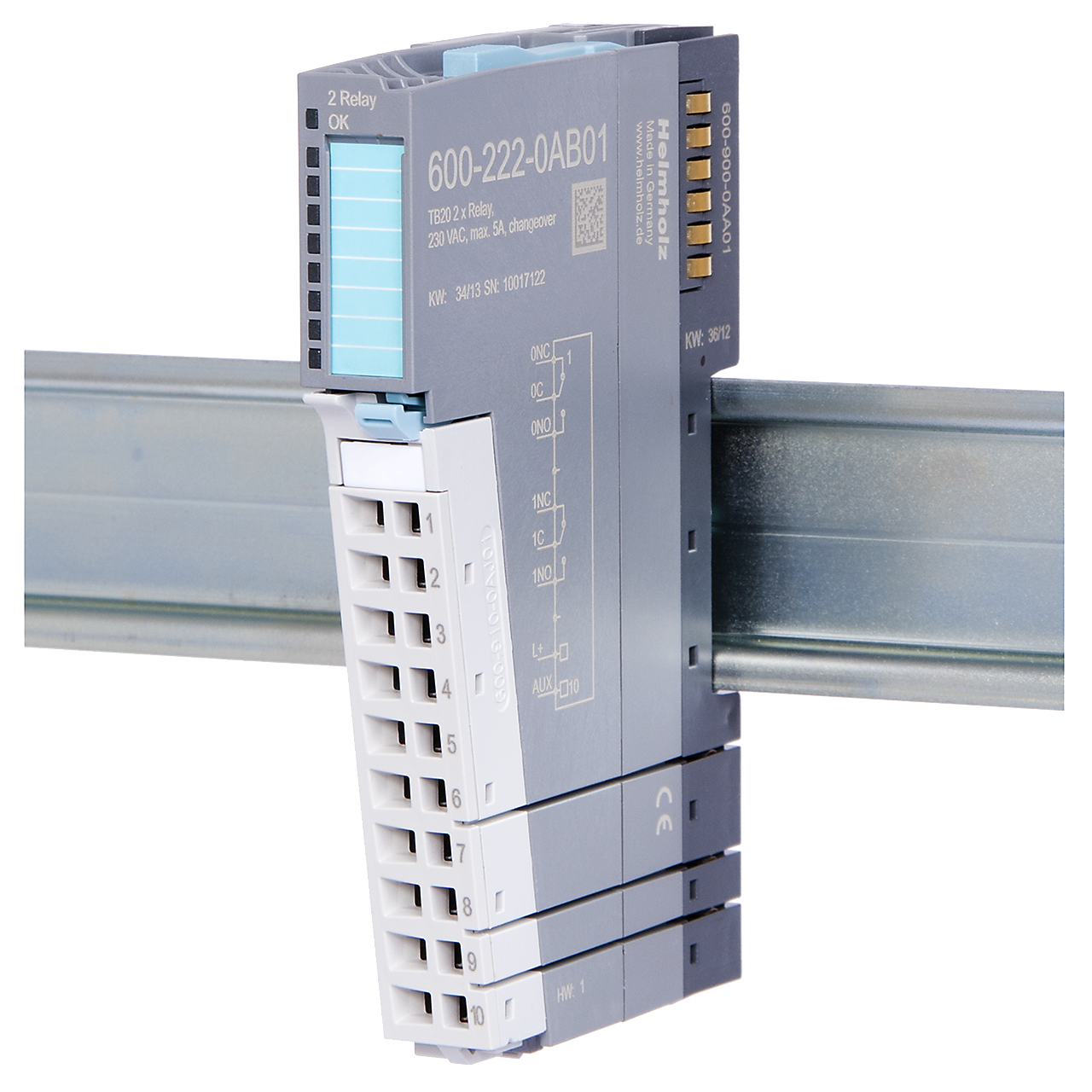 Helmholz TB20, Modulo Salidas Digitales - DO 2x Relay, 5 A, AC 230 V, changeover 600-222-0AB01