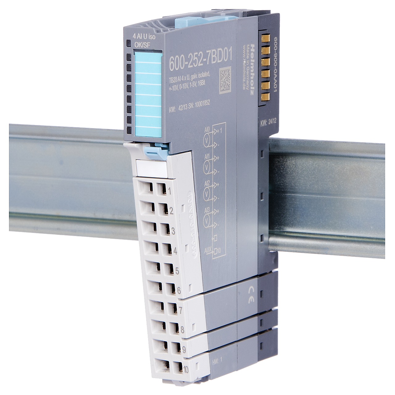 Helmholz TB20, Modulo Entradas Analogas - AI 4x U, +-10V, 0-10V, 1-5V, Iso., 16 Bit 600-252-7BD01