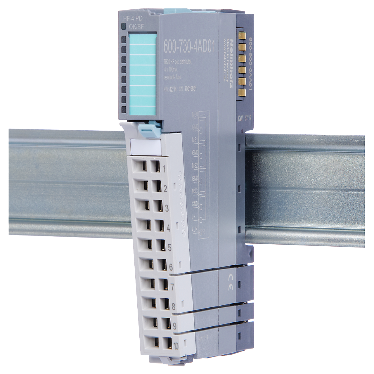 Helmholz TB20 Distribuidor de Voltaje 4x DC 24 V, Avanzado, Proteccion Corto Circuito con Alarmas 600-730-4AD01