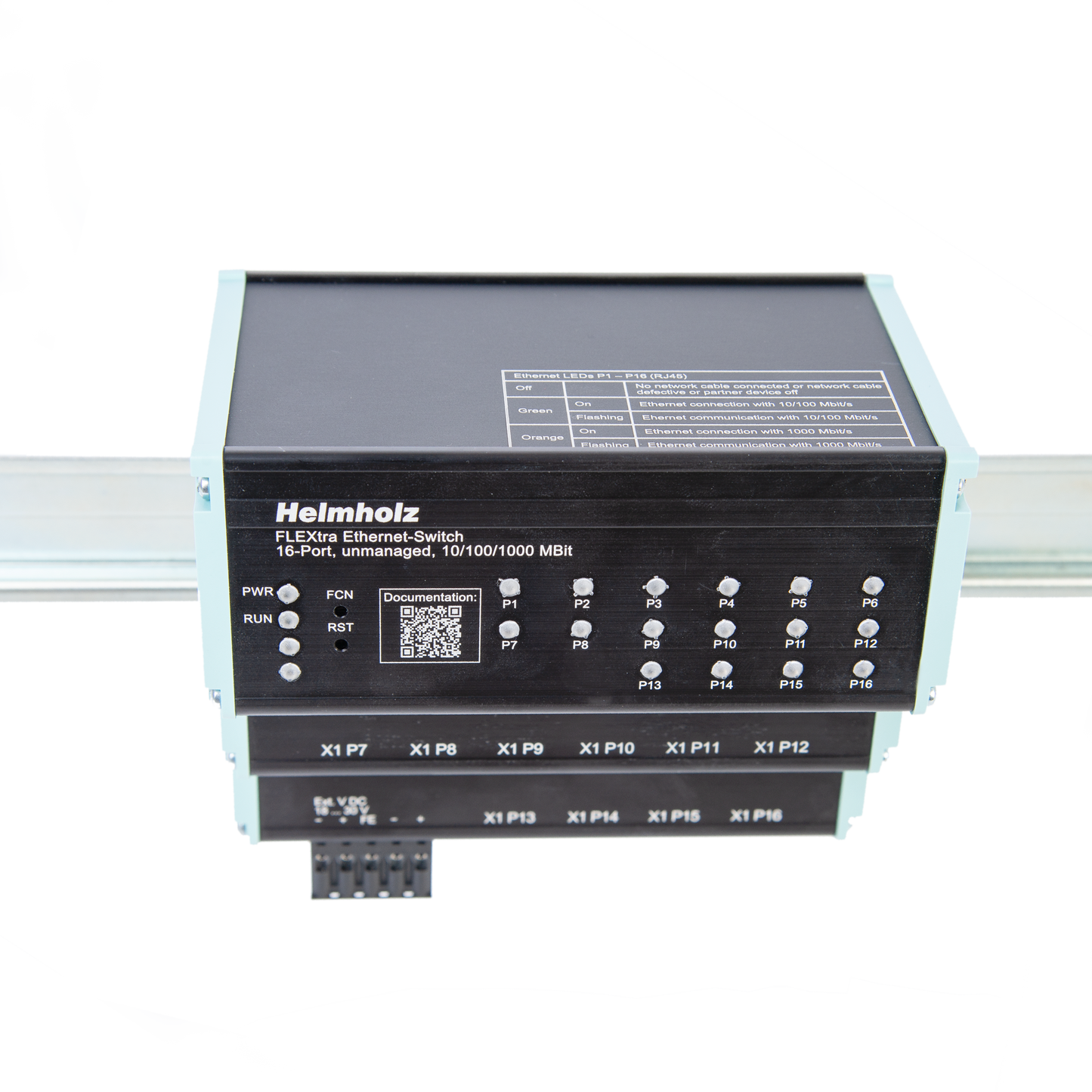 Helmholz FLEXtra Ethernet-Switch, 16 puertos, no administrado, 10/100/1000 MBit, montaje en riel DIN 700-845-16S01