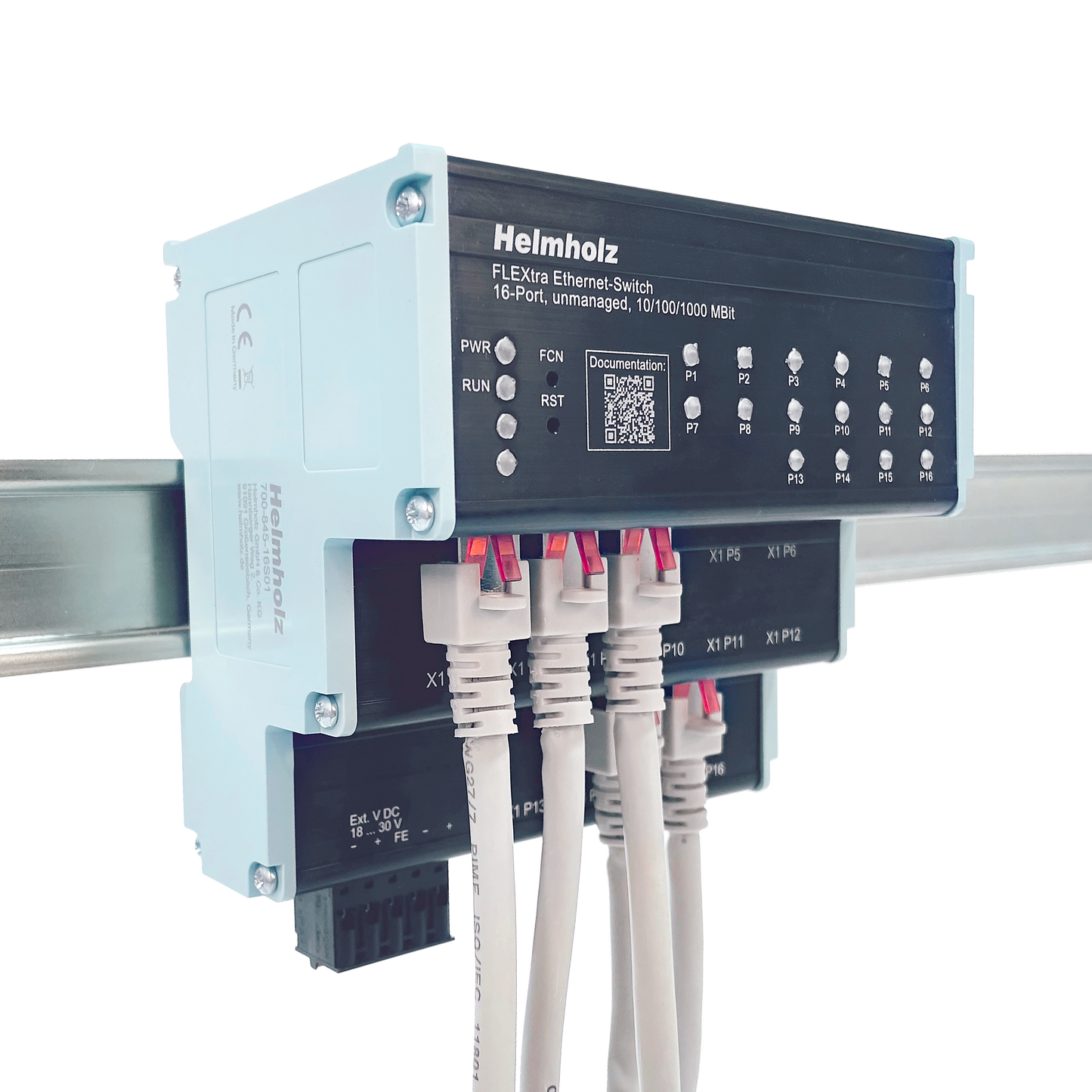 Helmholz FLEXtra Ethernet-Switch, 16 puertos, no administrado, 10/100/1000 MBit, montaje en riel DIN 700-845-16S01