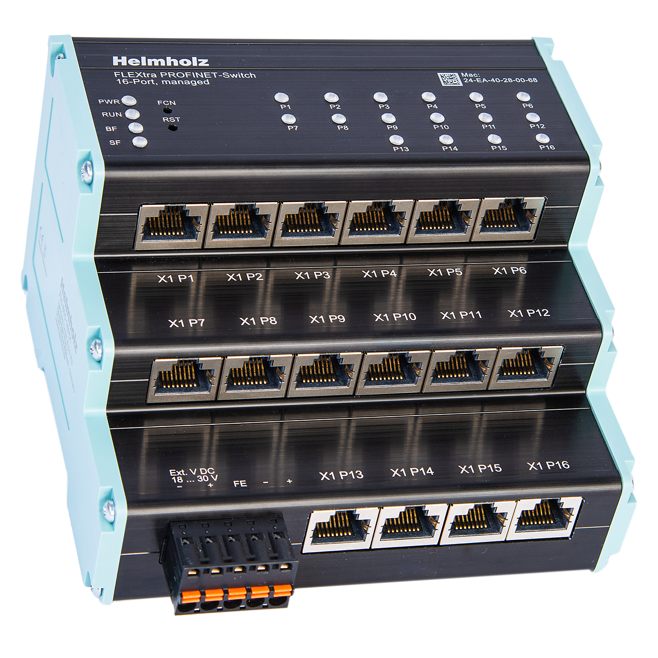 Helmholz FLEXtra PROFINET-Switch 16 puertos, 16x RJ45, administrable, 10/100/1000 MBit, montaje en riel DIN 700-855-16P01