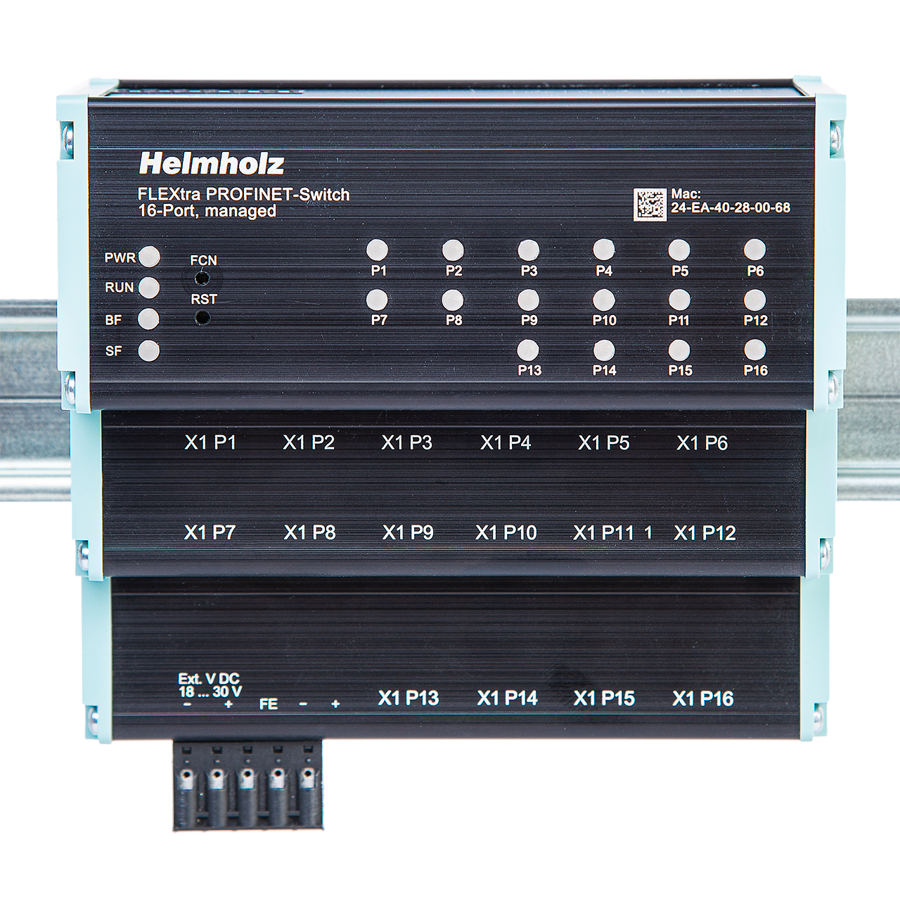 Helmholz FLEXtra PROFINET-Switch 16 puertos, 16x RJ45, administrable, 10/100/1000 MBit, montaje en riel DIN 700-855-16P01