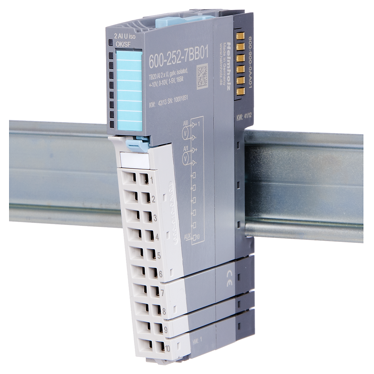 Helmholz TB20, Modulo Entradas Analogas - AI 2x U, +-10V, 0-10V, 1-5V, Iso., 16 Bit 600-252-7BB01