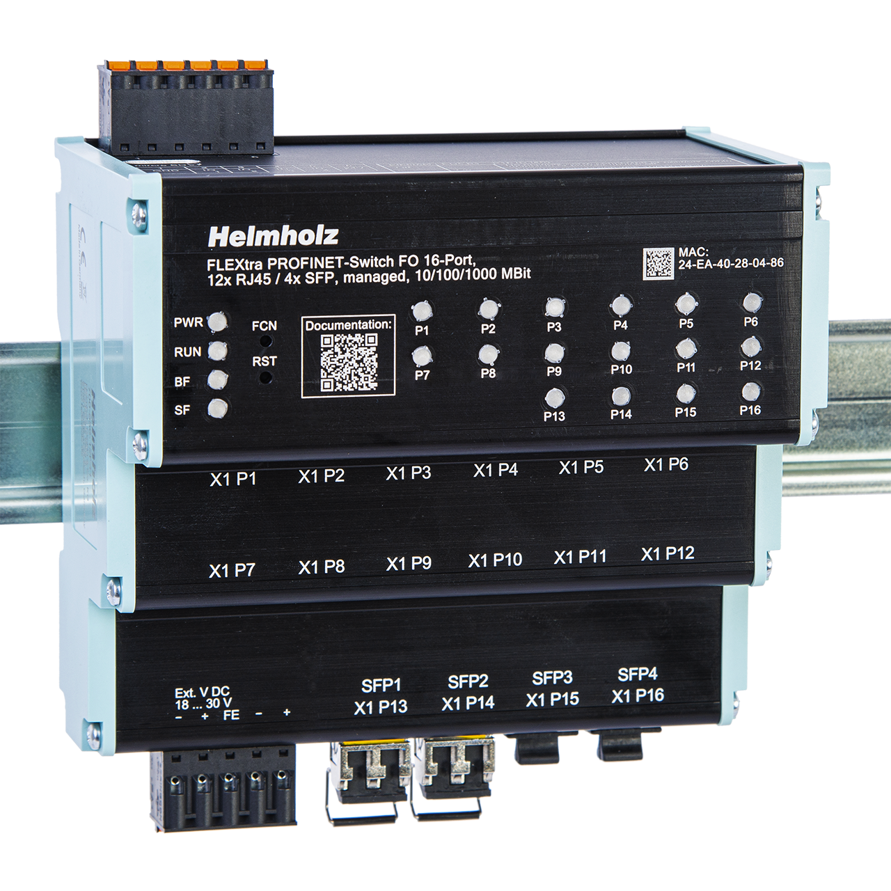 Helmholz FLEXtra PROFINET-Switch FO 16 puertos, 12x RJ45 / 4x SFP, administrable, 10/100/1000 MBit, montaje en riel DIN 700-856-12F41