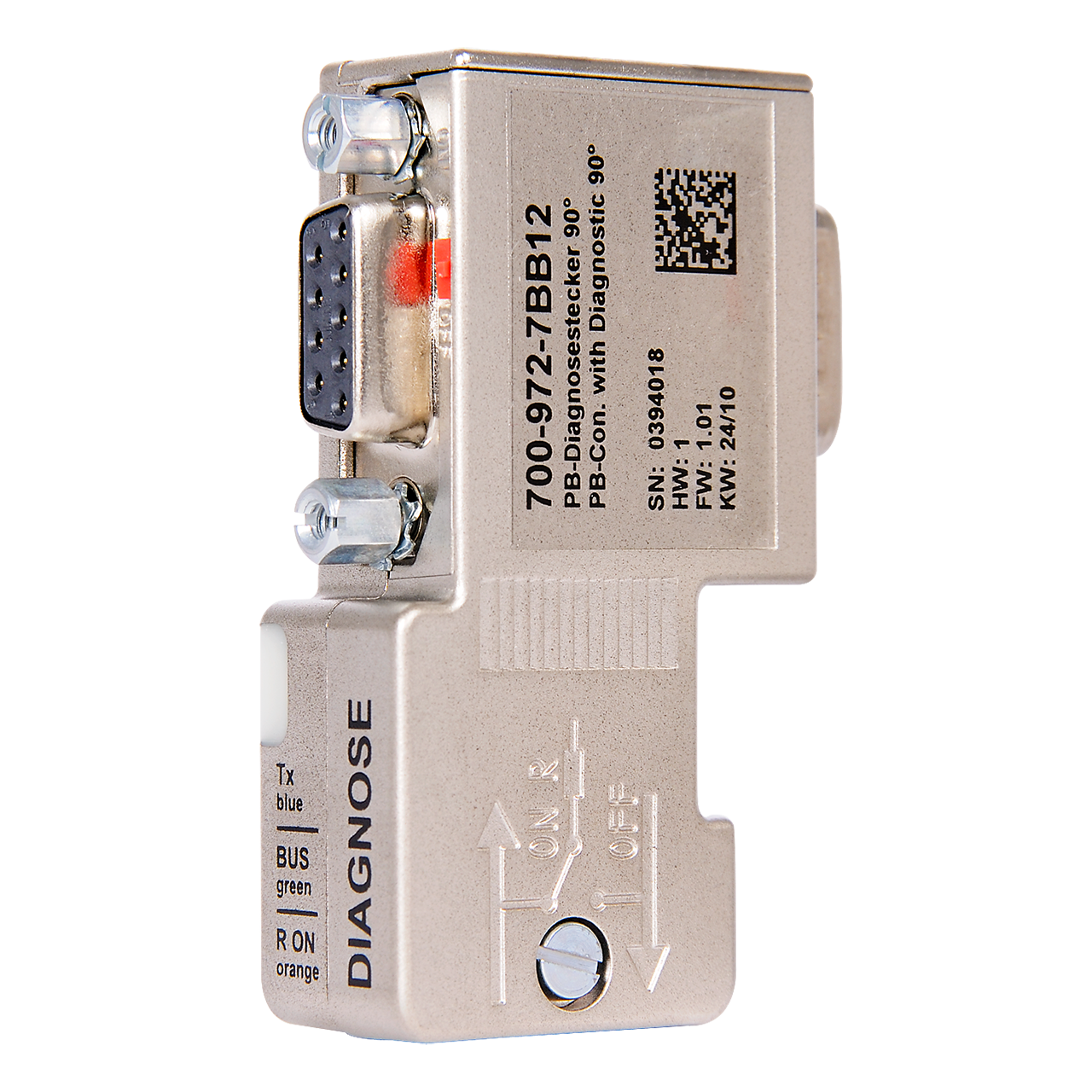 Helmholz Conector PROFIBUS 90° con LEDs de diagnostico , con conexion PG trasera, terminales de tornillo 700-972-7BB12