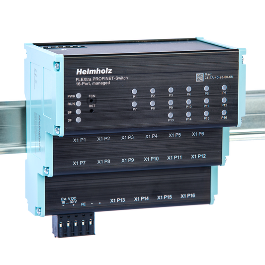 Helmholz FLEXtra PROFINET-Switch 16 puertos, 16x RJ45, administrable, 10/100/1000 MBit, montaje en riel DIN 700-855-16P01